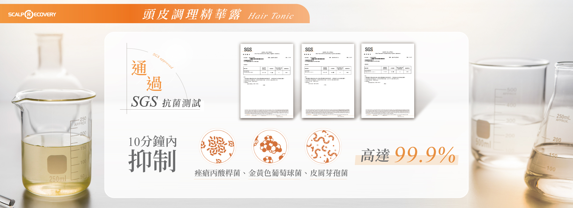 髮基因頭皮調理精華SGS抗菌測試10分鐘內高效滅菌力達99.9%